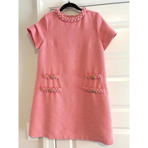 Tuckernuck Pink Tweed Braided Trim Jackie Dress Short Sleeve Gold Button M - Picture 3 of 5